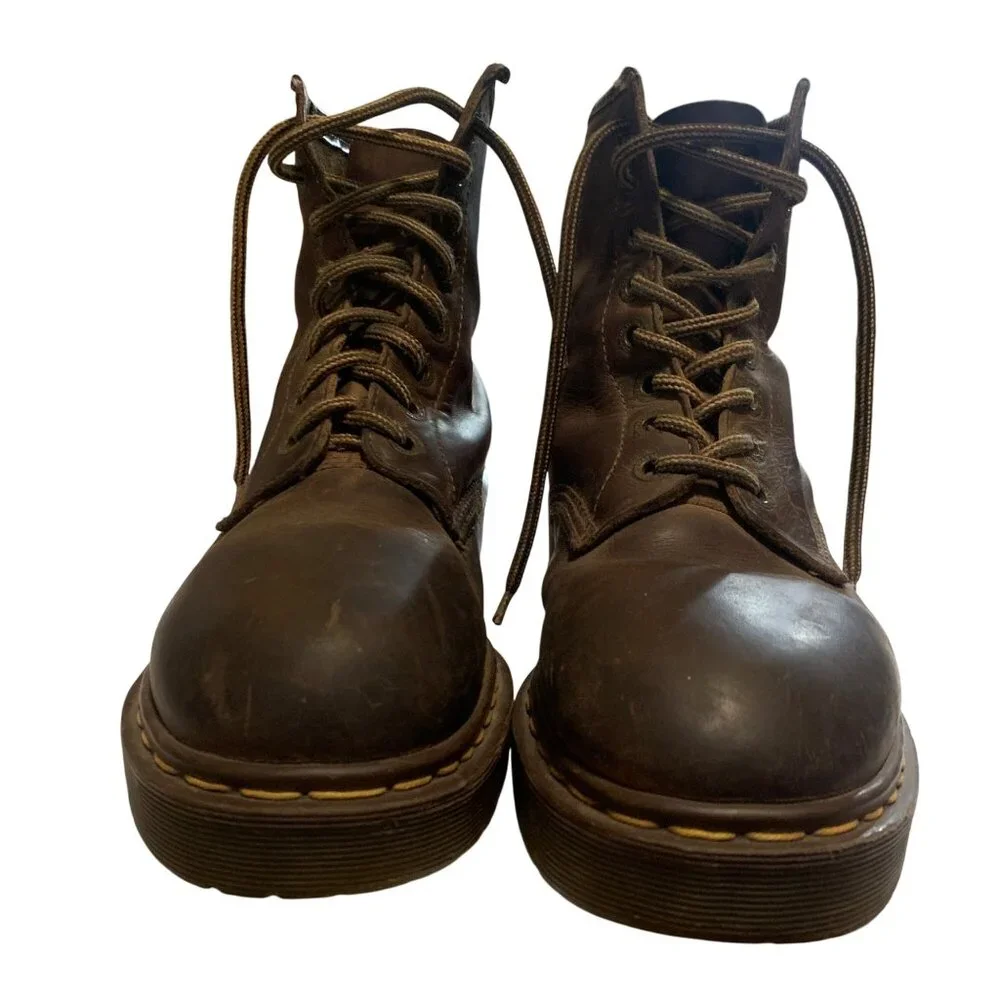 90s Dr.‎ Martens Mens 12 Boots Made In England Brown Lace-Up Inscribed 8 Eyelets